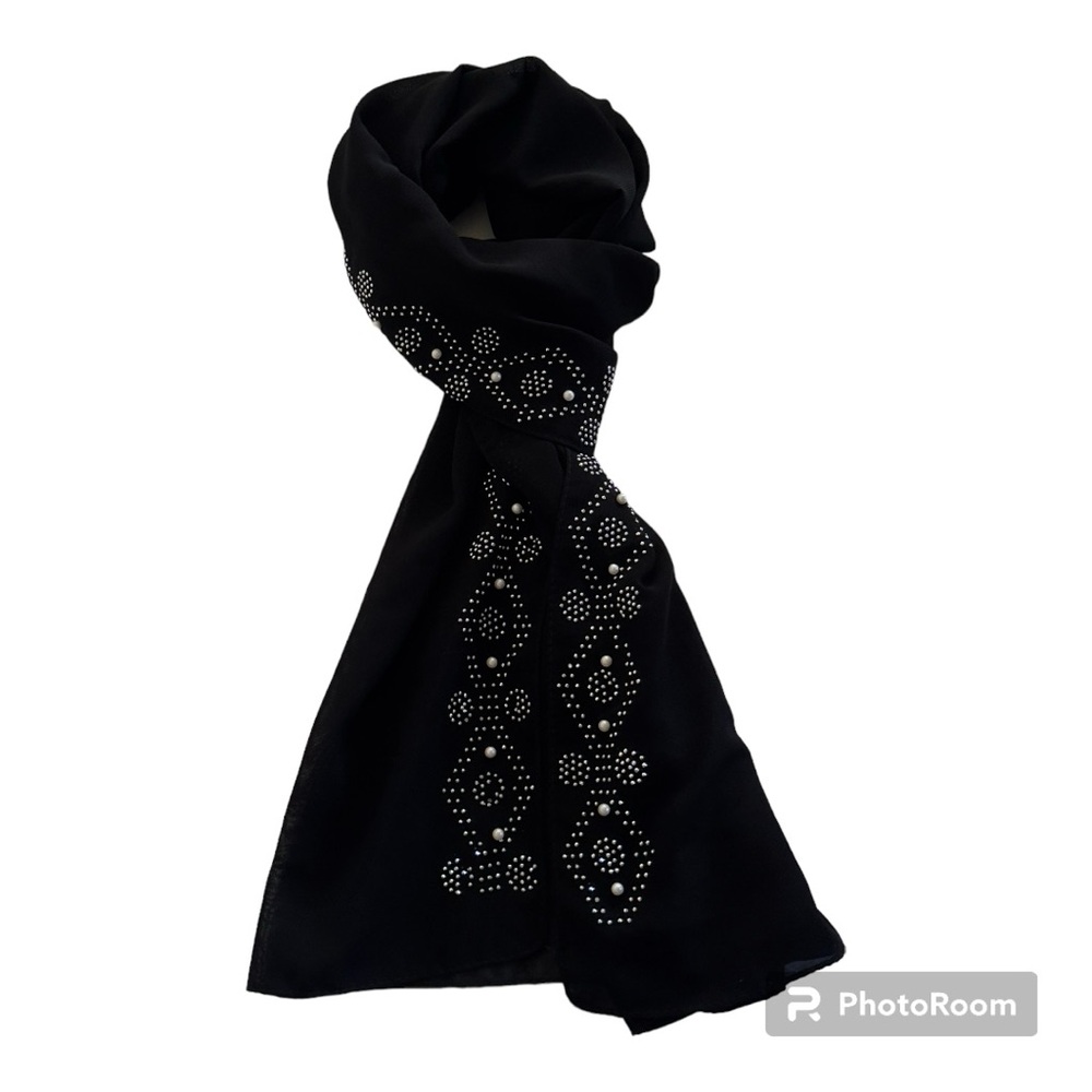 Women’s long scarf Black Color with white pearl
